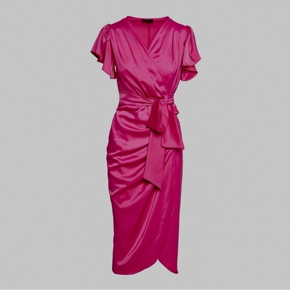 Zesica Dresses & Skirts - Satin Belted Ruched Slit Midi Dress